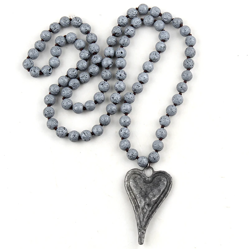 Fashion Bohemian Tribal Jewelry Black Lava Long Knotted Metal Heart Pendant Necklaces For Women