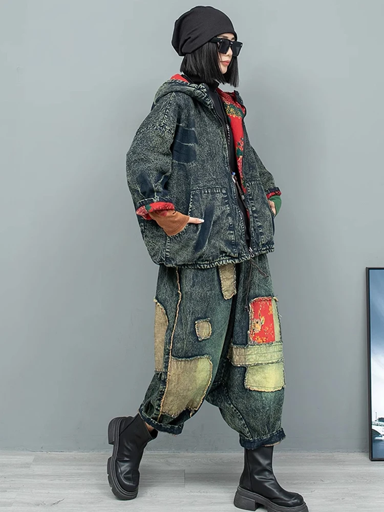 [EAM] Große Größe Denim Jacke Breite Bein Hosen Zwei Stück Anzug Neue Mit Kapuze Lange Hülse Frauen Mode Flut herbst Winter 2024 1DH8098