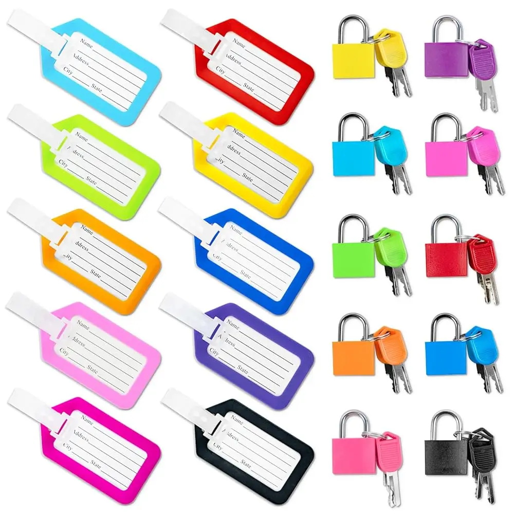 

10 Pack Luggage Locks with Key+ 10 Pack Travel tag, Luggage Tags for Suitcases Bag Tags Name Tags, Mini Padlocks Durable Lock