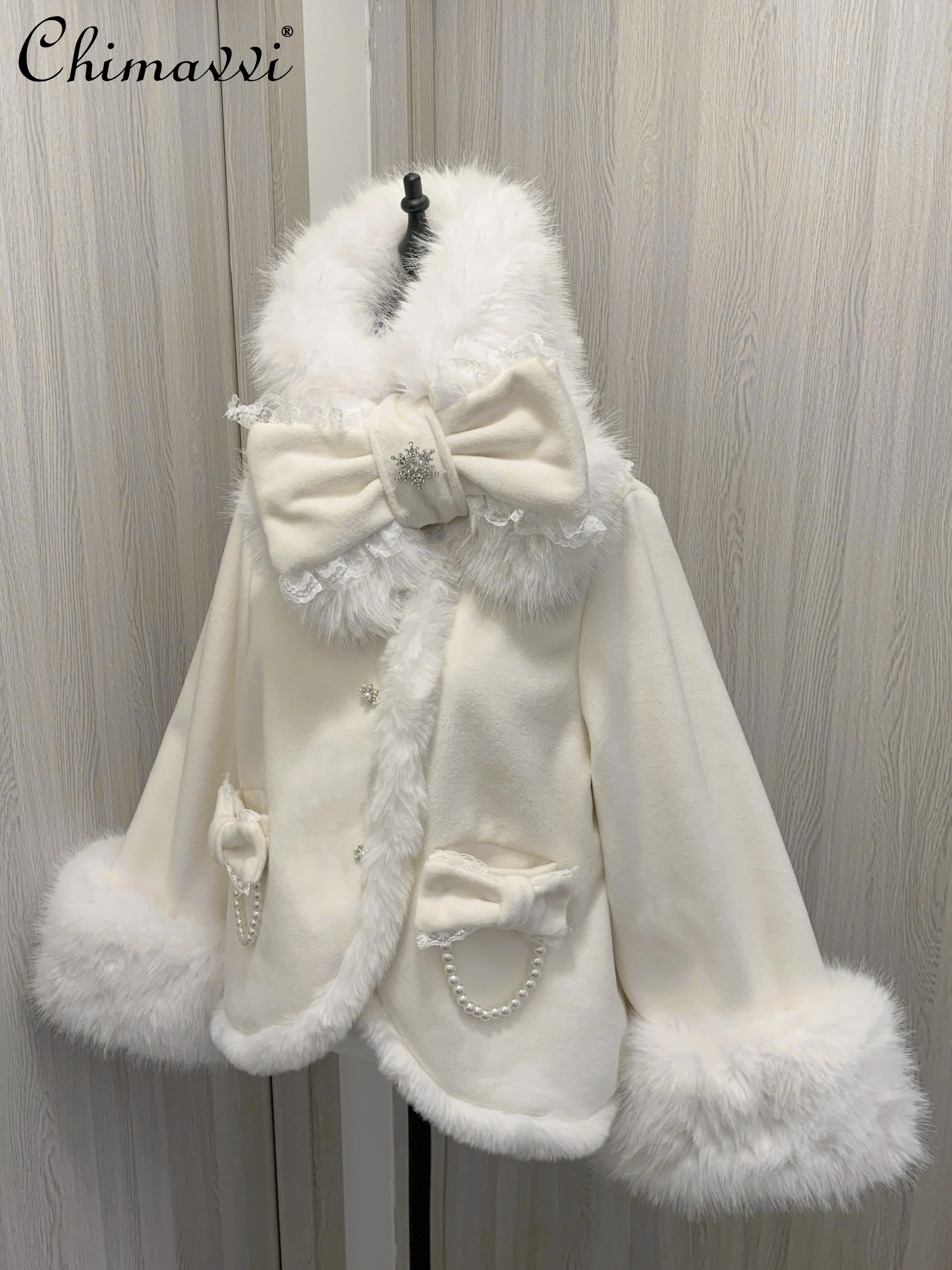 Japanese New Winter Sweet Big Bow Fur Collar Woolen Coat Girls Womens Lolita White and Black Loose Wool Jacket Fleece Outwear