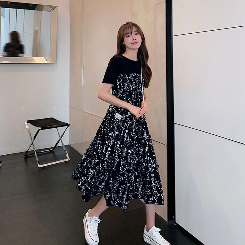 Damen-T-Shirt, gefälscht, zweiteilig, koreanischer Stil, Sommerkleid, mittellang, mit Blumenmuster, Boho, lässig, täglich, Chiffon, florales schwarzes Kleid
