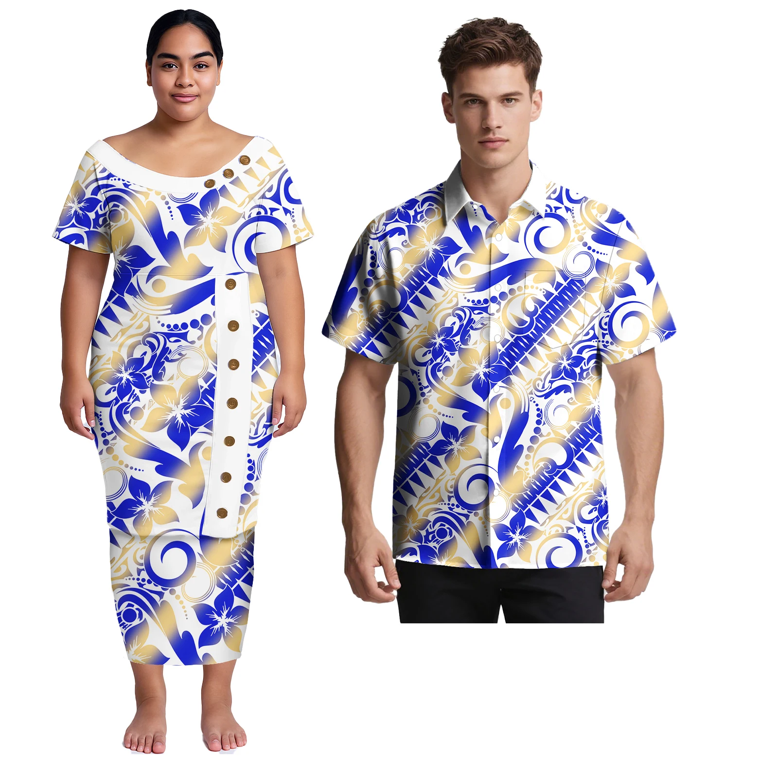 Coppia di abbigliamento polinesiano Abito da sera da donna Abito tribale samoano Abiti da donna Puletasi e camicie Aloha