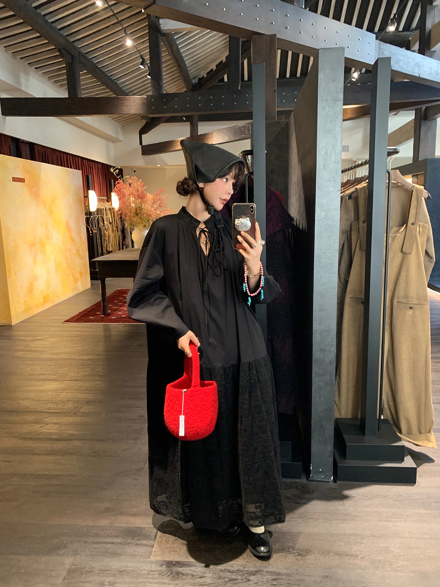 

Le Rouge Medieval Lace Insert Patchwork Dr Stand Collar Long Sve Cotton Casual Sle A-Line Skirt for Young Women