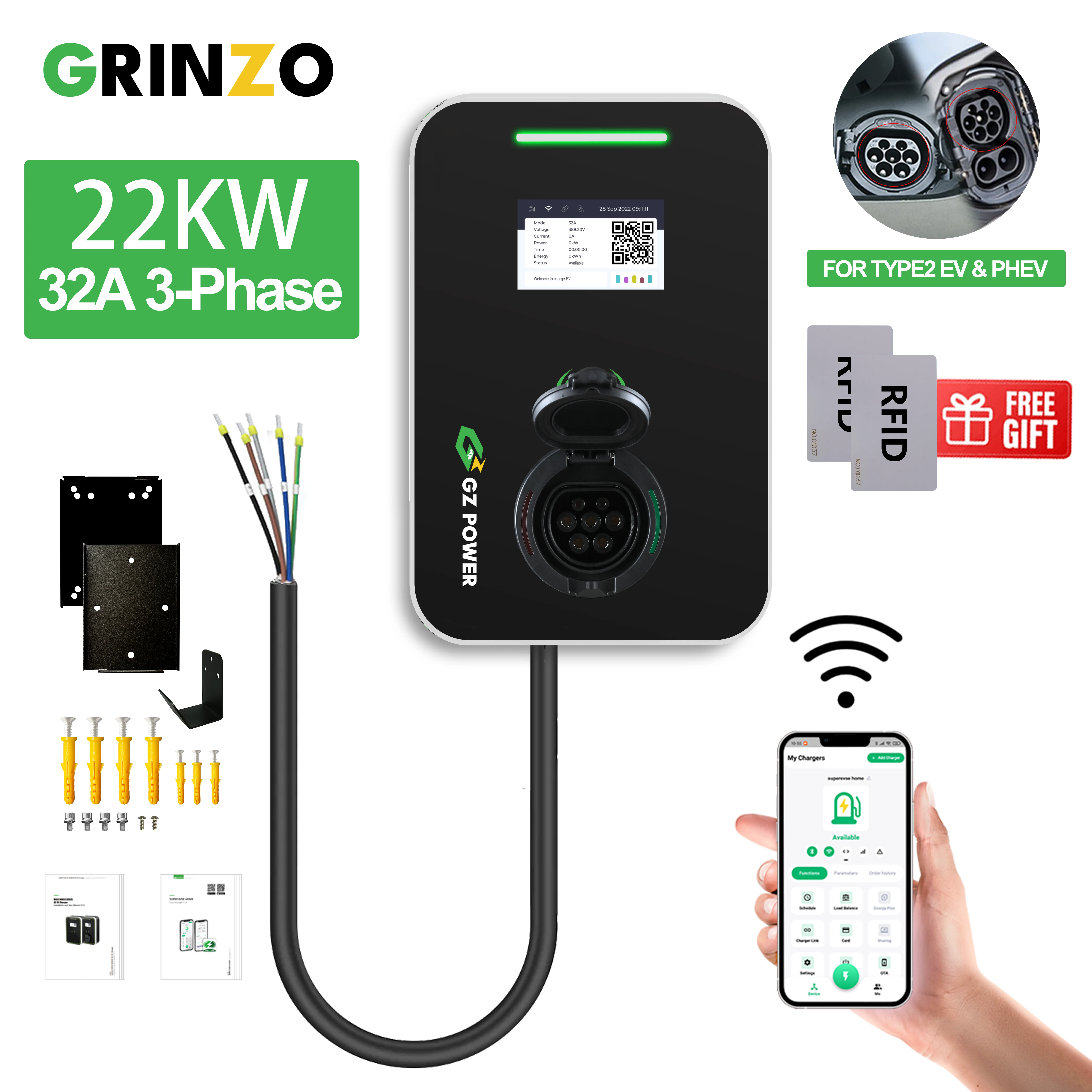 

RFID Charging Type 2 Charger 22kw Electric Car Charger Station 380v APP Control 32A Wallbox 3 Phase Ev Charge