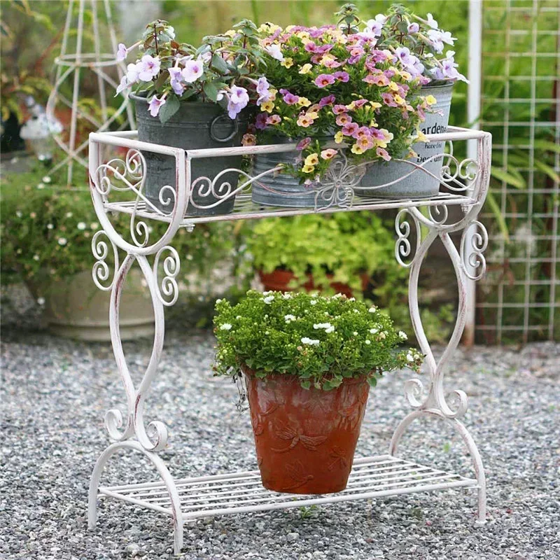 

Outdoor Ironwork Plant Stand Garden Balcony Flower Stand Double-layer Floor Shelf Decoration Stable Load-bearing Flower Holders