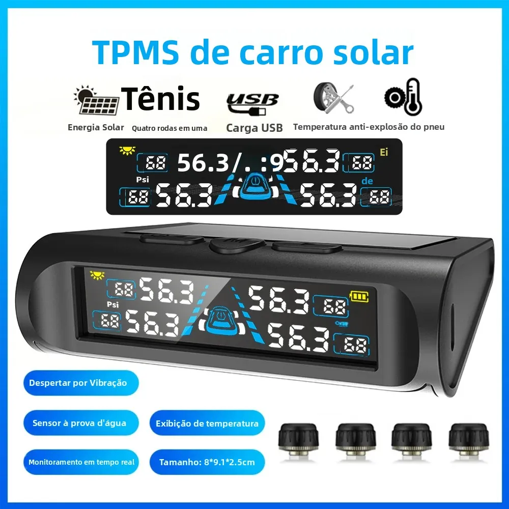 Monitor de temperatura tpms usb/solar com 4 sensores externos display lcd digital 0-6.8bar t21 medidor de pressão dos pneus monitor de pneus de carro