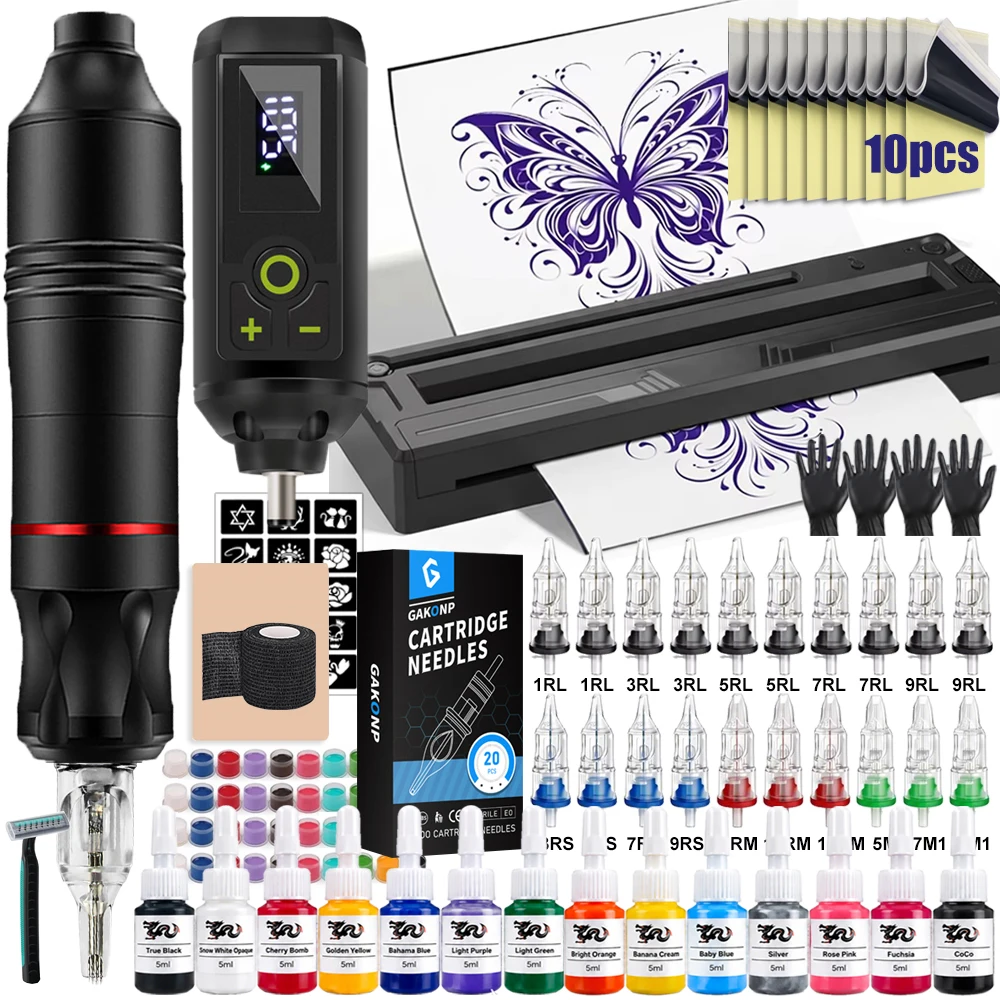 Professional Tattoo Pen Machine Kit Rotary Tattoo Pen Set with Wireless Tattoo Transfer Machine Power Supply Cartridge Needles
