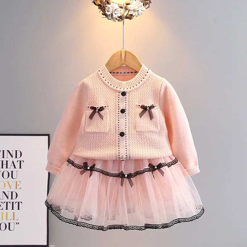

2024 New Girls Knitted Sweater Gauze Skirt Princess Skirt Autumn and Winter Fashion Two-Piece Set Cute Casual Coat Skirt Gift