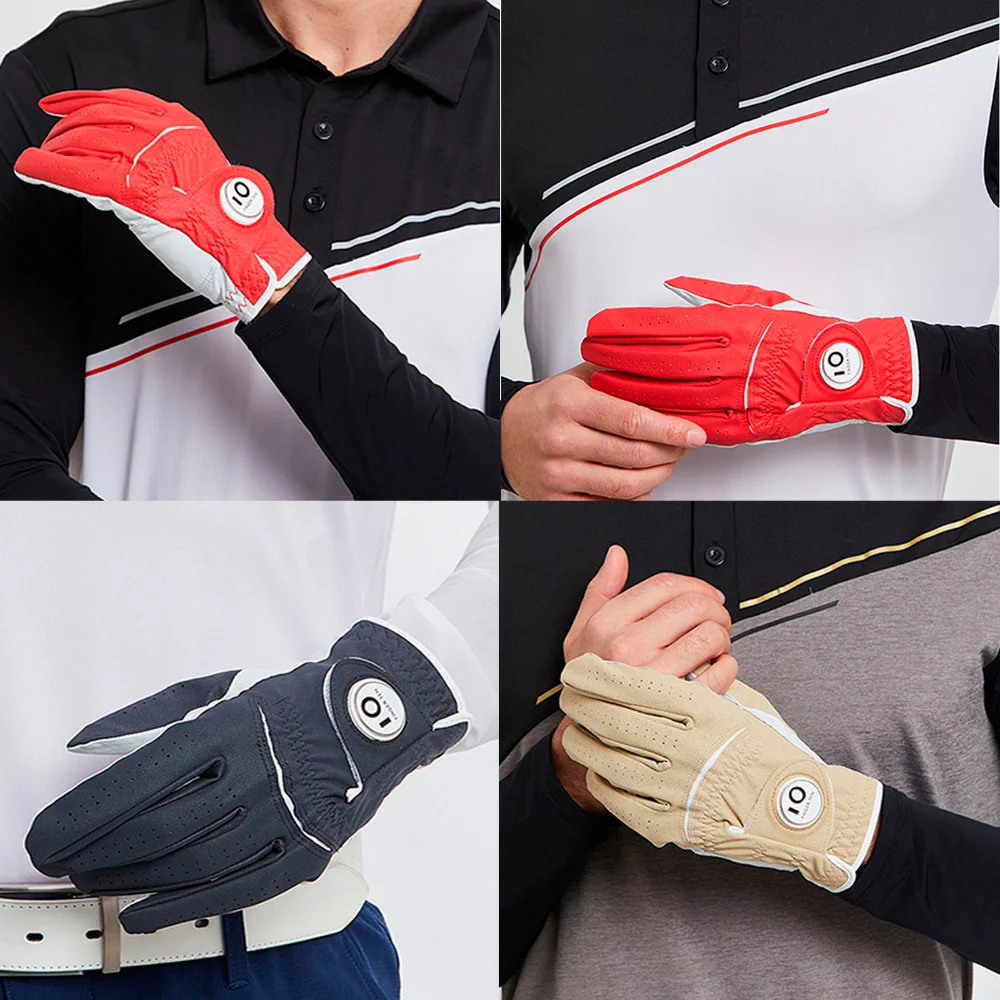 2 Pack PU Leather Mens Golf Gloves with Ball Marker Cabretta All Weather Grip Waterproof Navy Khaki Red Drop Shipping