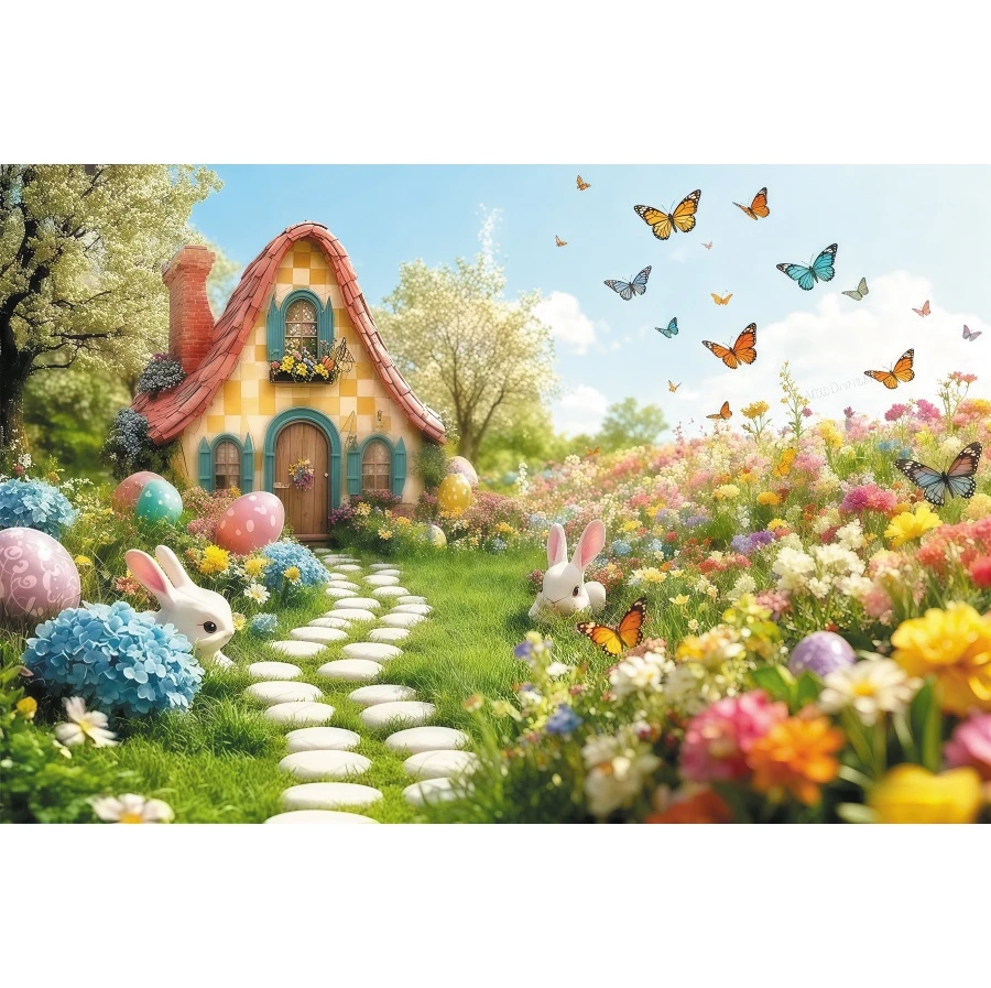Spring Easter Backdrop Cottage Meadow Bunny Egg Flower Family Party Festival Indoor Decor Photography Background Studio Props