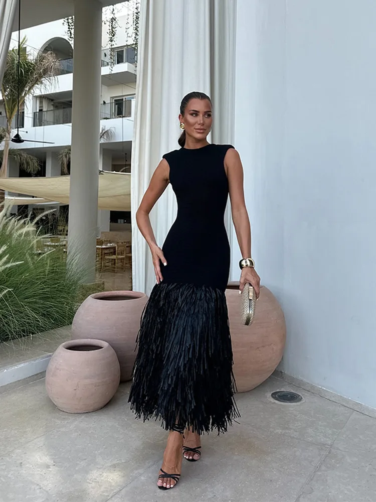 Elegant Black Tassels Patchwork Knitted Maxi Dress Women Chic Backless Sleeveless Slim Dresses 2024 Summer Lady High Streetwear