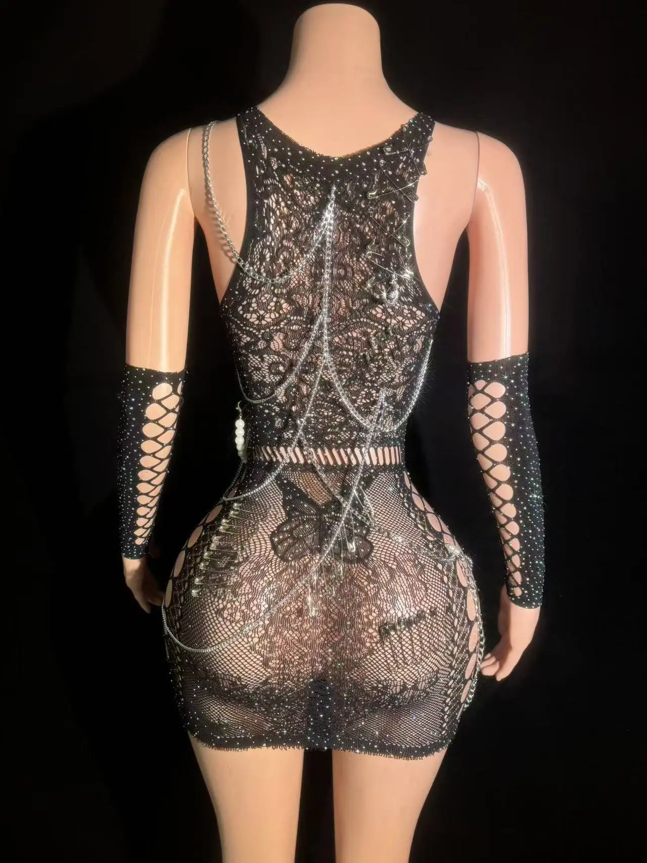 Women Sparkling Metal Chain Sleeveless Cut Out Bodycon Bodysuit Celebrity Nightclub Bar Party Stage Performance Photoshoot Dress