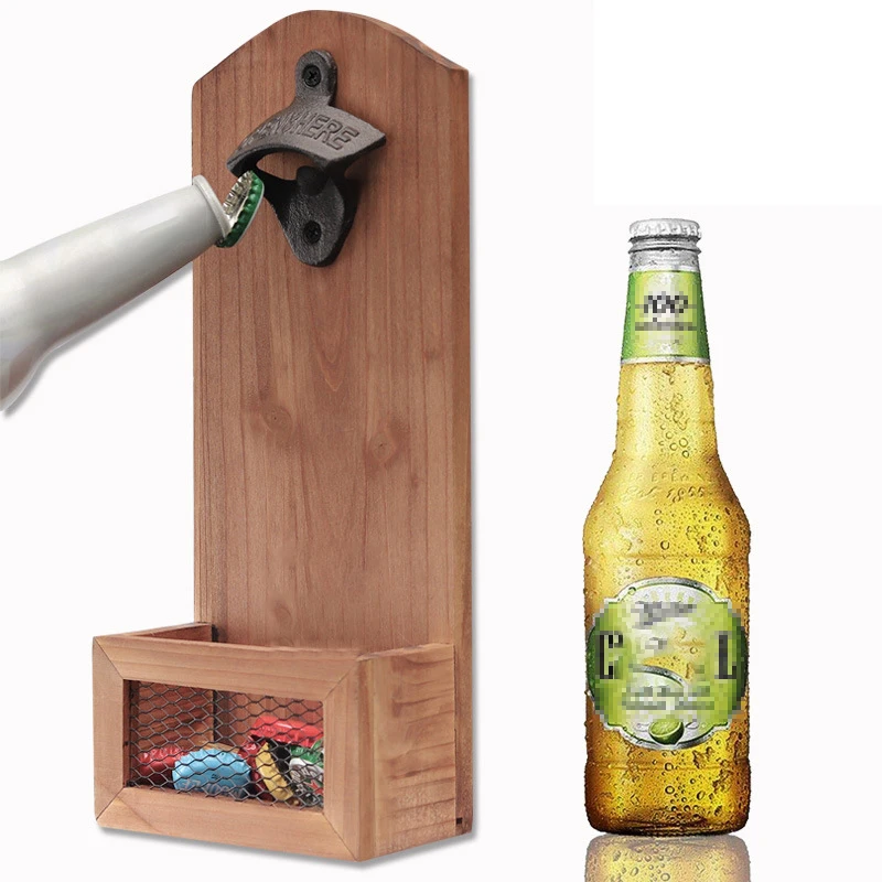 

Creativity Wall Mounted Beer Bottle Opener Counter Bottle Opener Wooden Vintage Style for Household Kitchen Bar Party Tools