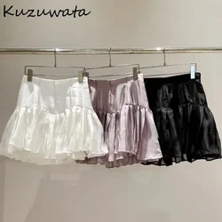 Kuzuwata Pleated Solid All-match High Waist Faldas Patchwork Mesh Shorts Casual Women Skirt Japan Early Autumn Moda Mujer Falda