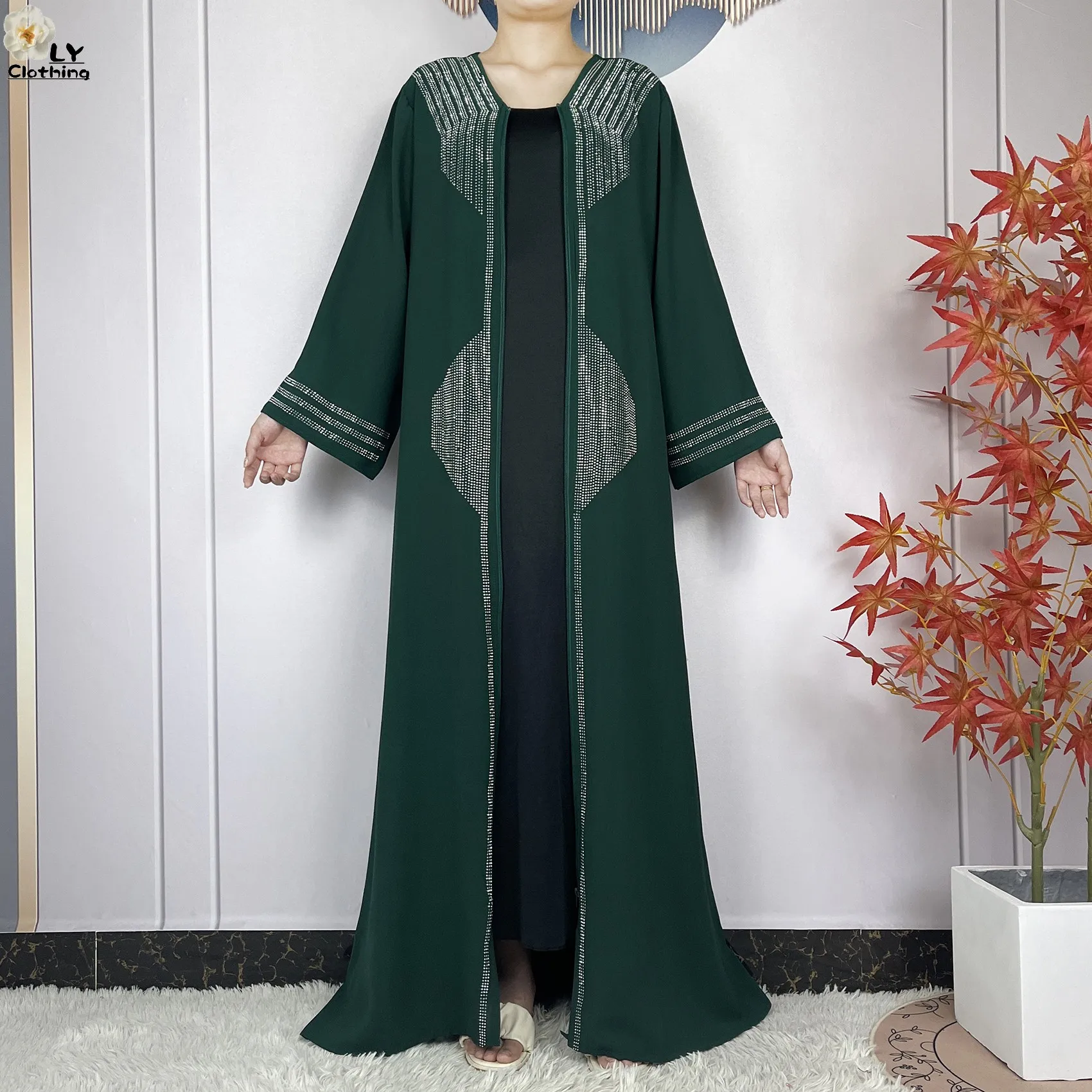 Abaya muçulmana com lenço para mulheres, manga comprida, diamantes em chiffon, roupão solto, maxi islâmico, moda de Dubai, vestidos de festa, 2022