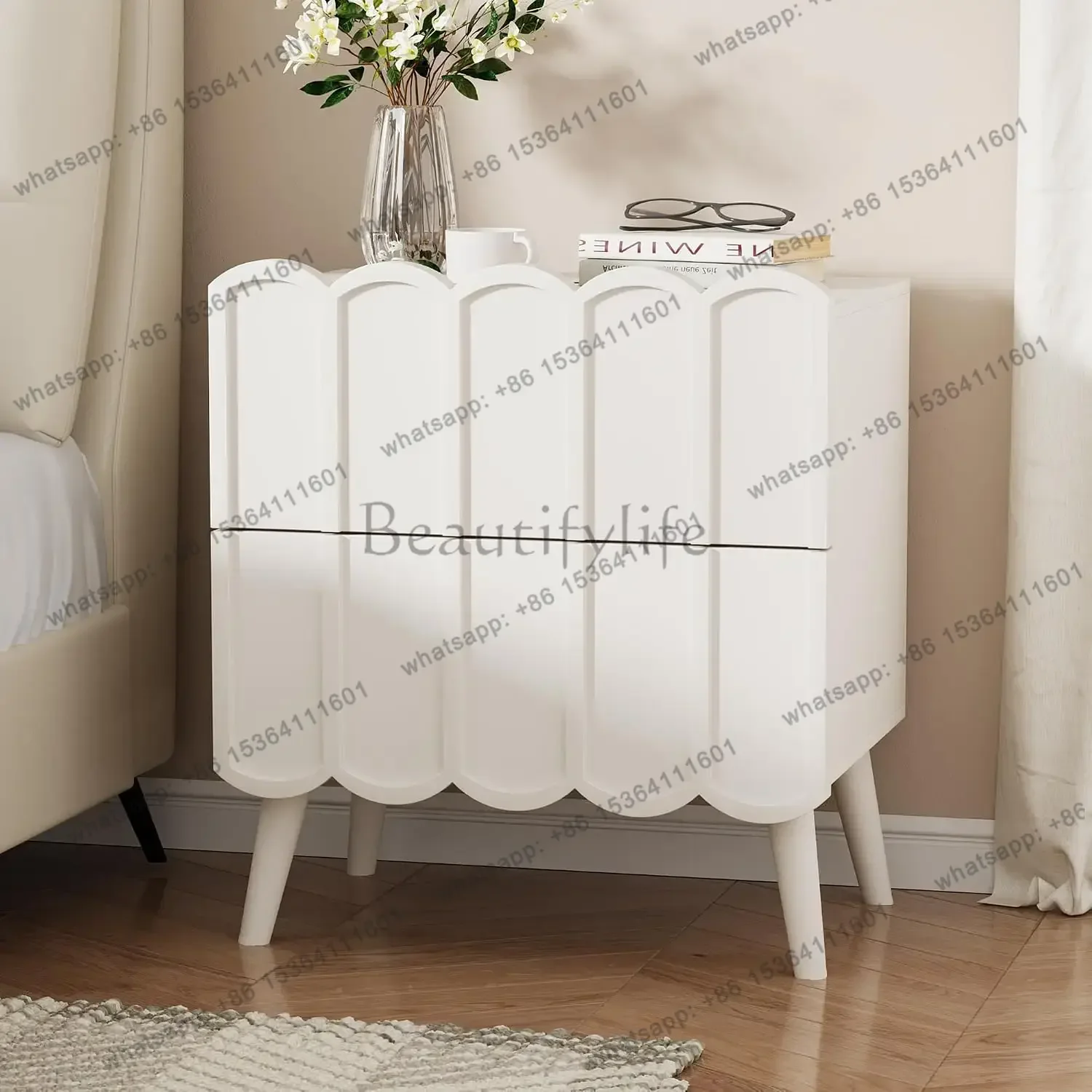 Factory Direct Modern Set Of 2 Fluted Nightstand For Bedroom, White Wood Bedside Table, Customized