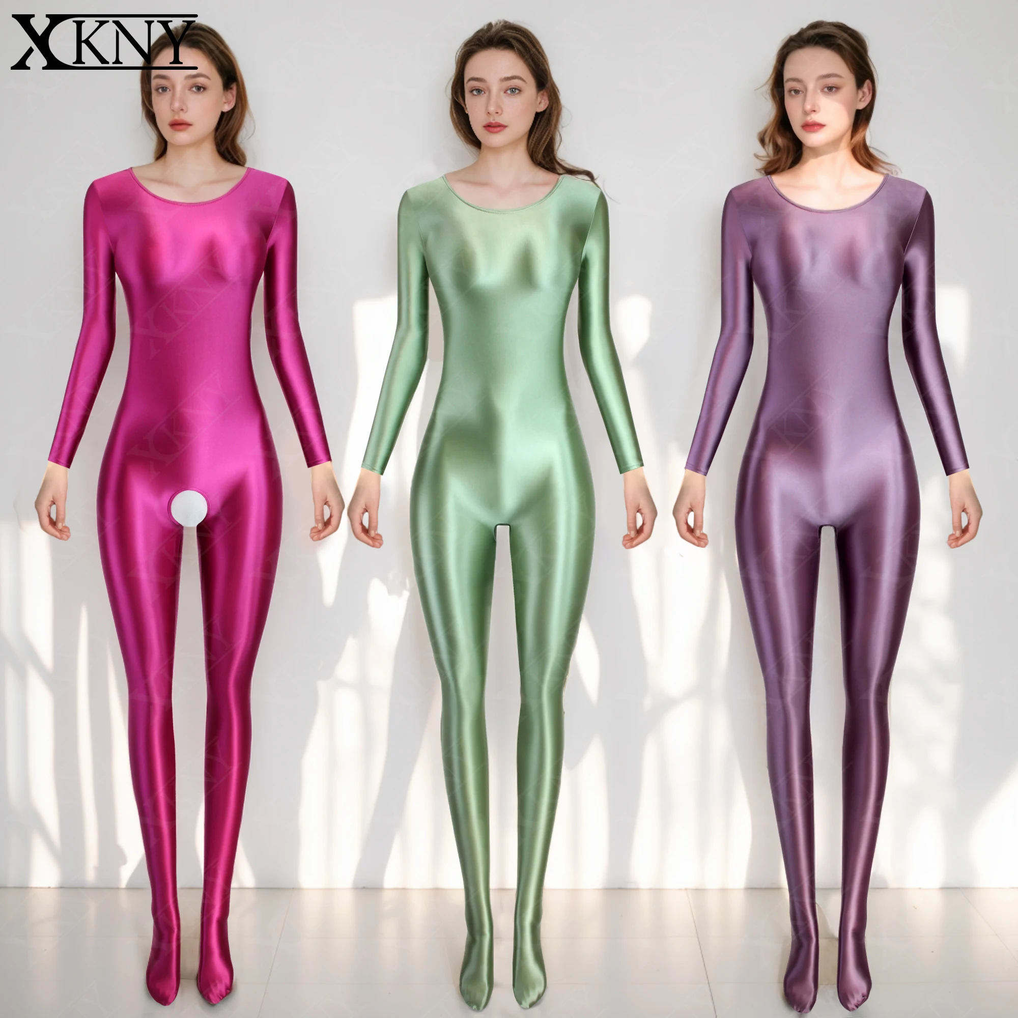 

XCKNY One piece suit sexy oily round neck long sleeve full body tights smooth running Jumpsuit Yoga sportswear open crotch pants