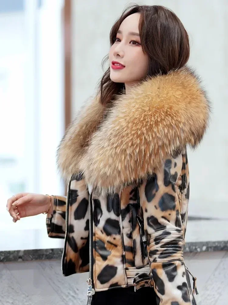 OFTBUY 2023 Luxury Winter Women Genuine Leather Short Brand Women Sheepskin Leopard Print Motorcycle Jacket Big Fur Collar Slim