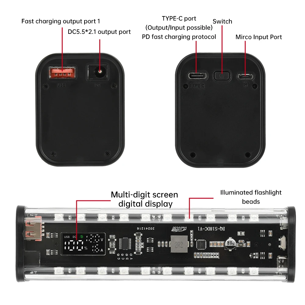 8*18650 DIY Battery Storage Box DIY Power Bank Shell DC 5.5*2.1 Output Adjustable USB Type-C Fast Charge Battery Holder Case