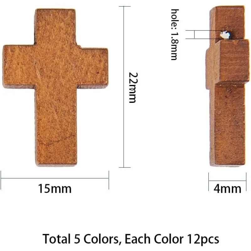 60Pcs 5 Colors Wood Cross Pendants Easter Holidays Wooden Small Cross Charms Pendants for Party Favors Easter