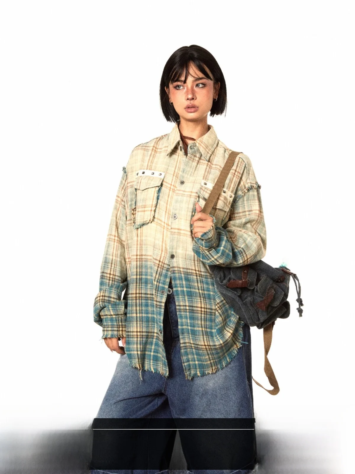 Heavyweight Washed Gradient Plaid Long Sleeve Shirt Street Style Pure Cotton Loose Design Unisex Classic Plaid Cotton Shirt