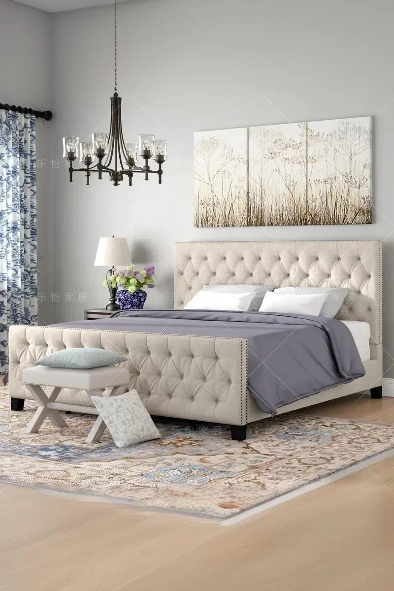 American Country Fabric Bed Nordic Mild Luxury Retro 1.8 M Cotton and Linen Double Bed French Simplicity with Tailstock Bed