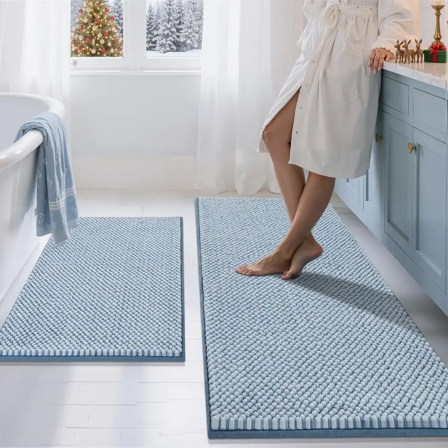 

Bathroom Rugs Set 2 PieceChenille Bath Mats Non SlipThick Soft Absorbent Beach Bath RugShower Floor Mat Machine WashableBathroom