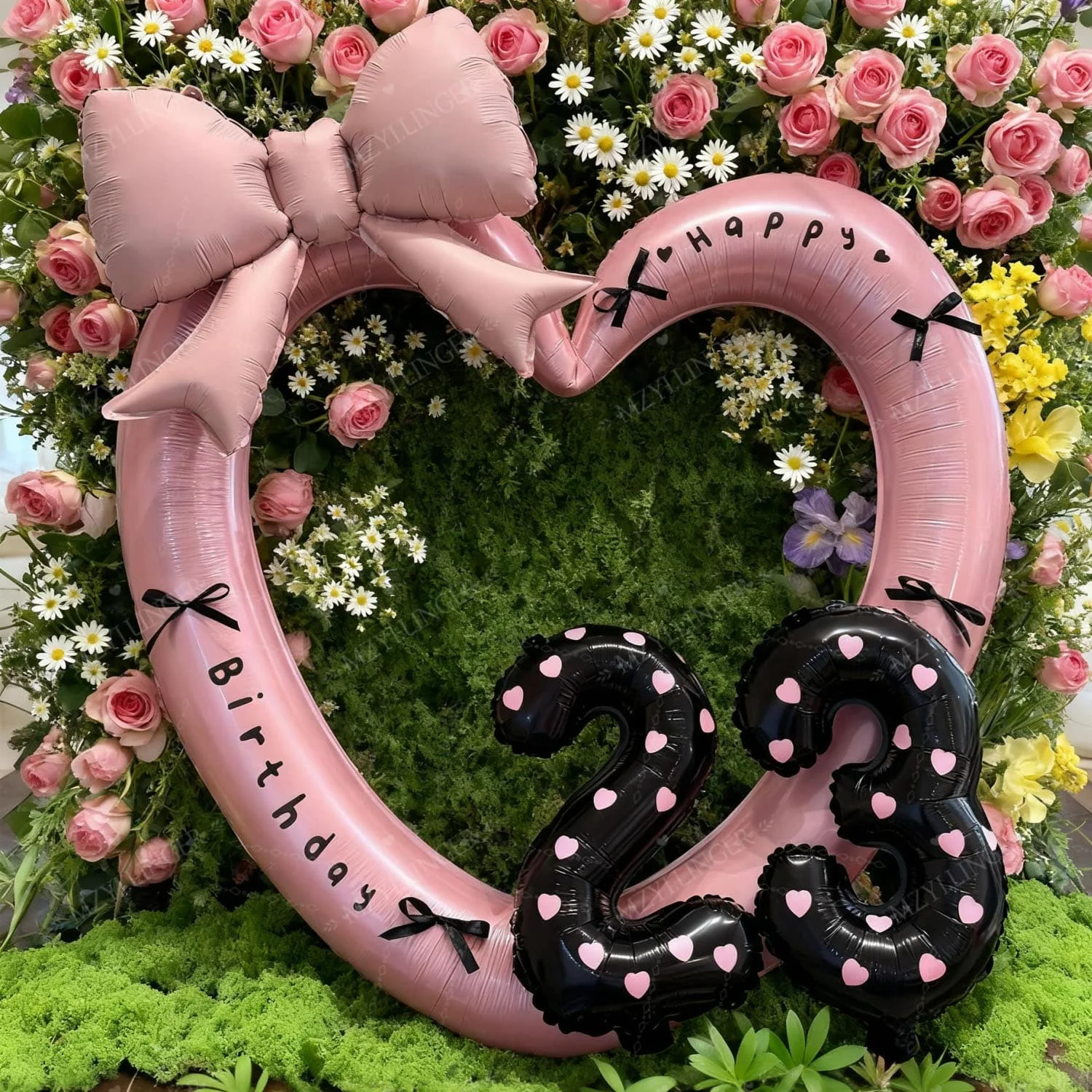 Pink heart-shaped balloon set with bow and digital balloon heart and birthday stickers for birthday and anniversary decoration