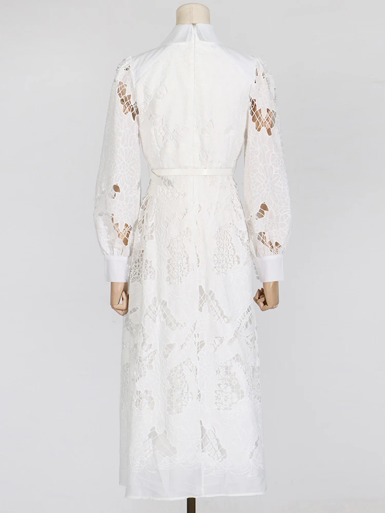 Elegant Hollow Out Embroidery Dresses For Women Lapel Long Sleeve HighWaist Spliced Belt Temperament Dress Fashionwoman clothing