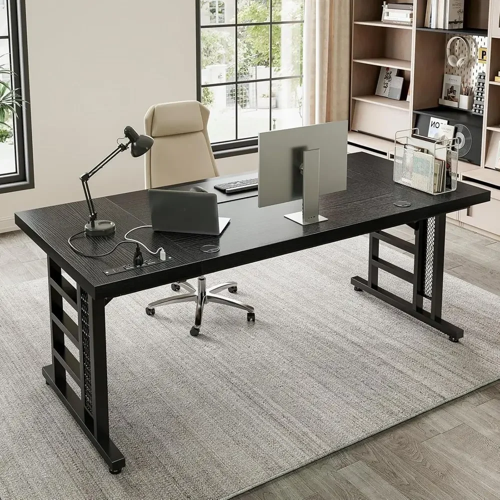 Large Modern 71 Writing Desk with USB Ports for Home or Office, Black