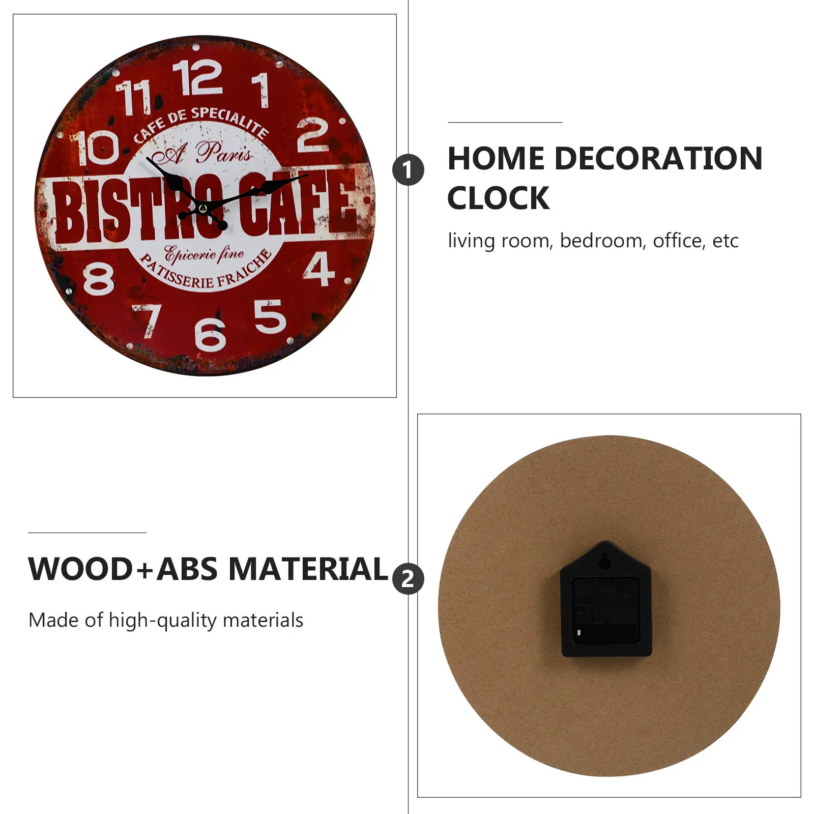 1Pcs Rustic Wall Clock Creative Retro Wooden Household Hanging Clock Clear Time Scale Silent Non-Ticking Wall Decor for Living