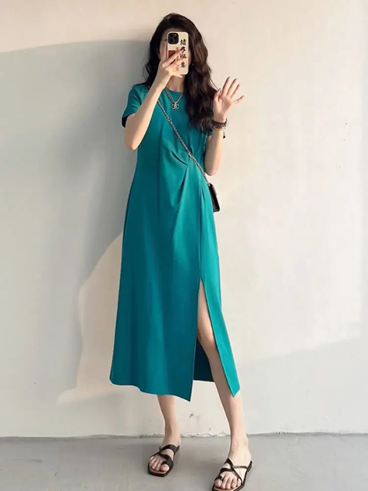 

plus Size Women's Summer Casual Midi Dr ort Sve Waist-Cinching A-Line Dr for Plump MM Comfortable Loose Fit Dr