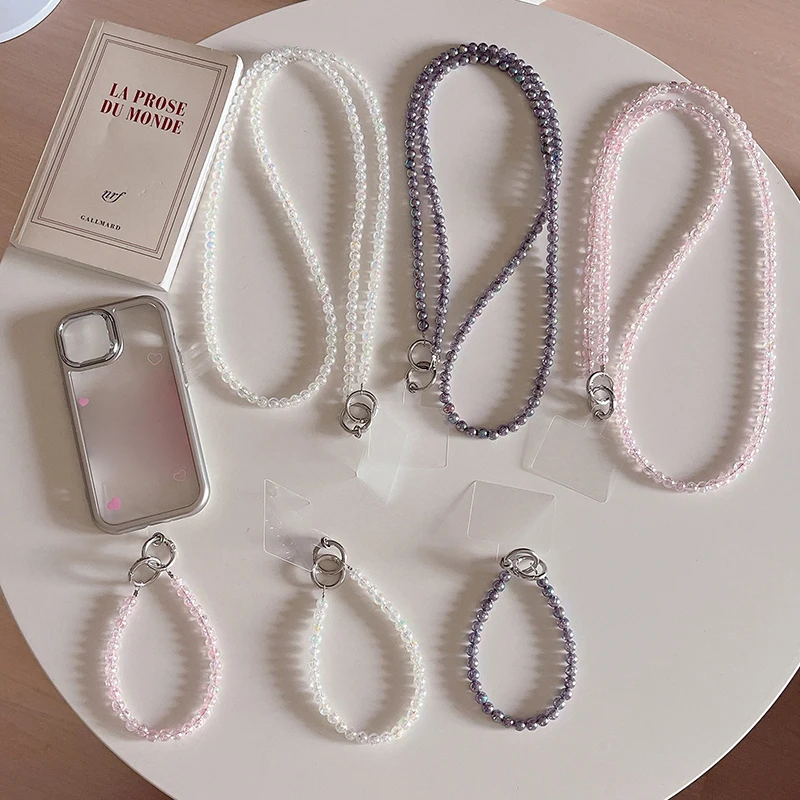 Long Mobile Phone Lanyard Pink Cracked Beaded Anti-Lost Chain Crossbody Neck Phone Strap Wristband For Airpods Camera Chain