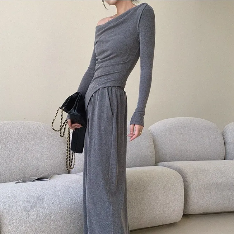 Knitted Fashion Set Women\'S 2023 Autumn/Winter Design Irregular Off Shoulder Long Sleeve Top+Elastic High Waist Wide Leg Pants