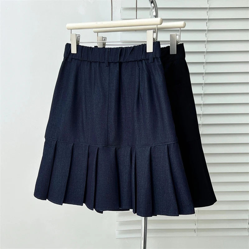 Sweet Women's Short Skirt Summer New Versatile Age Reducing Button Pockets Solid Denim Thin Loose High Waisted Pleated Skirt
