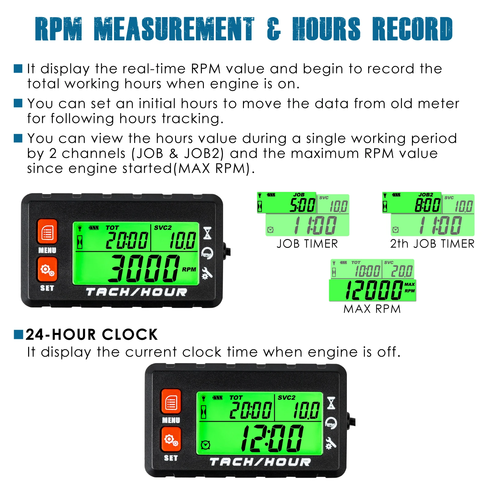 Digital Hour Meter Tachometer with Alligator Clip, Maintenance Reminder for Lawn Mower Generator Motorcycle Outboard Motor