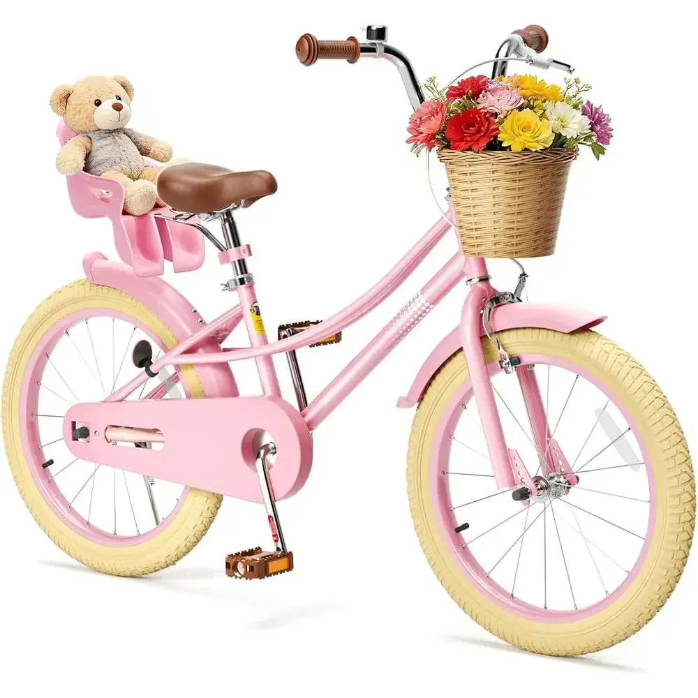 Children's 12-20 Inch Bike with Training Wheels, Basket & Doll Seat, Adjustable Seat for Girls Ages 2-12