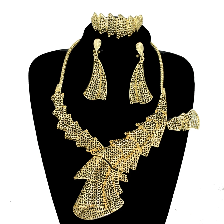 New Hot Sale Italian Gold Plated Jewelry Women Party Big Necklace Earrings Adjustable Ring Bracelet Jewelry Sets FHK14151