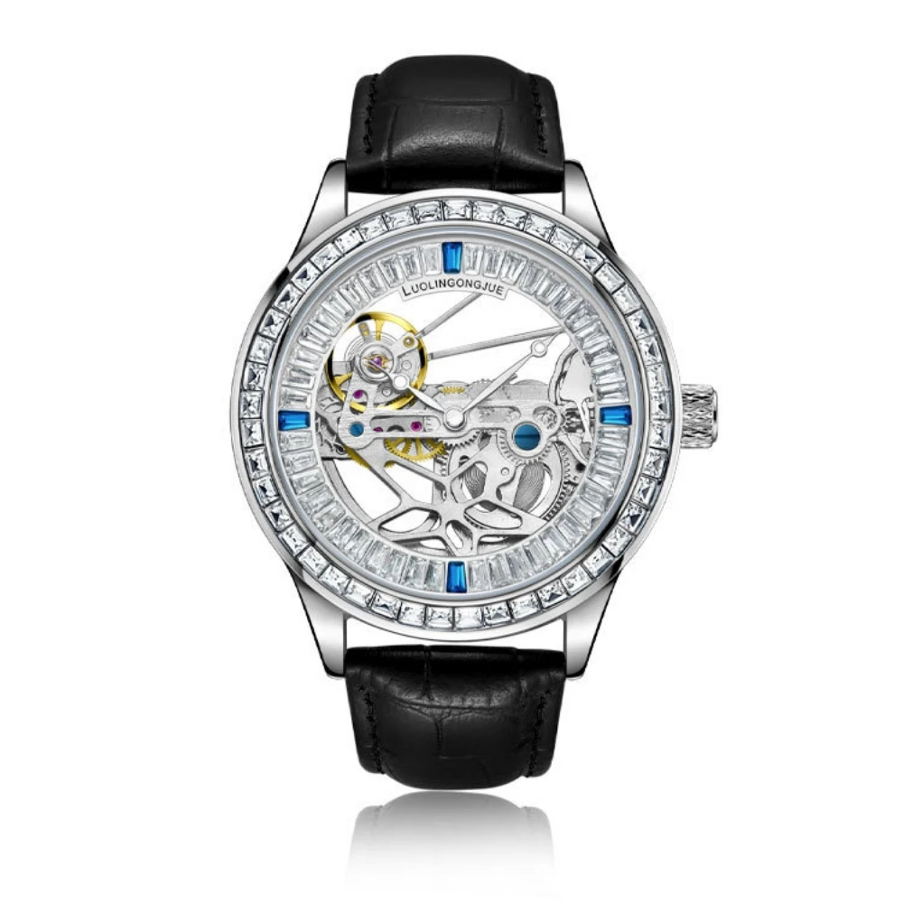 

Минималистичные мужские часы с полыми полностью автоматическими механическими часами с инкрустацией бриллиантами, водонепроницаемые спортивные роскошные мужские часы