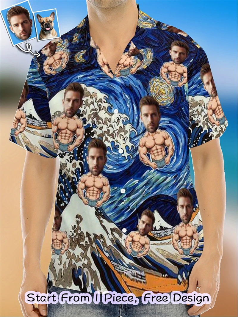 

New Hawaiian Man Shirts Custom Unisex 3D Print Funny Face Personalized Men's Beach Shirts Lapel Short Sleeves Women Shirt Tops