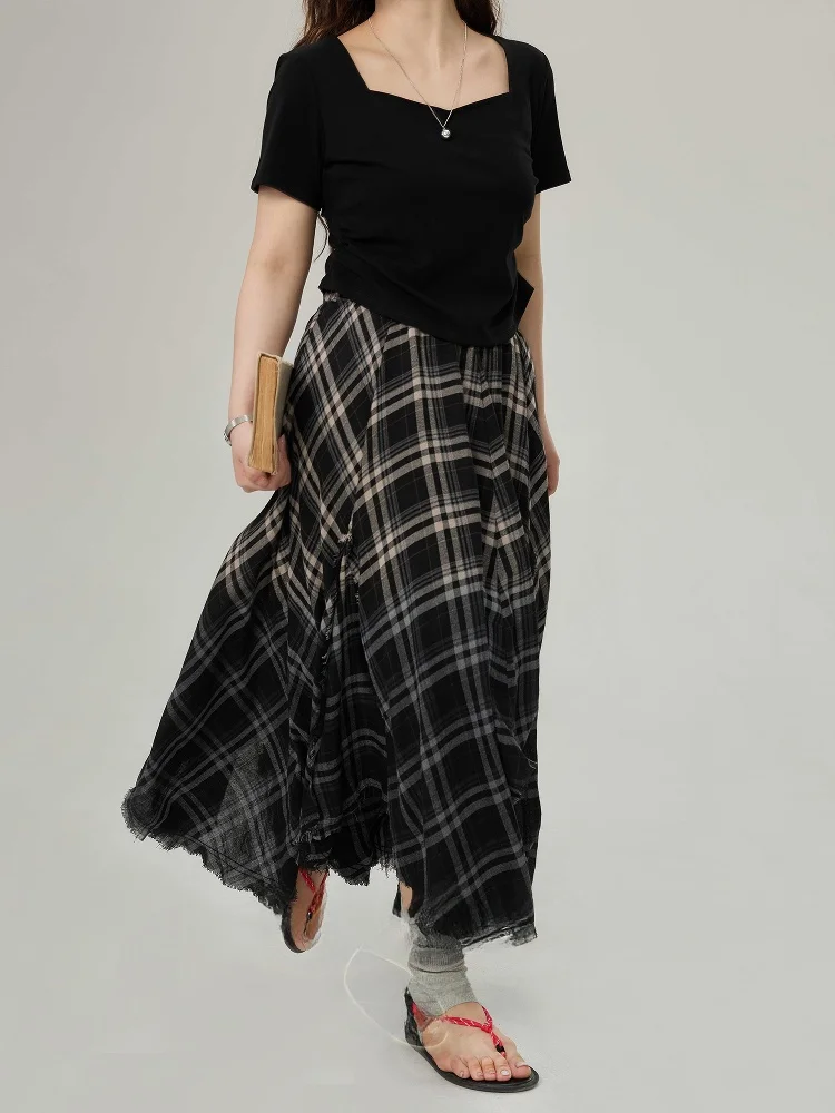 

Monika plus Size Women's Summer Cheered Skirt Elastic Waist Asymmetrical Korean Sle Loose Fit High Waist Long Skirt