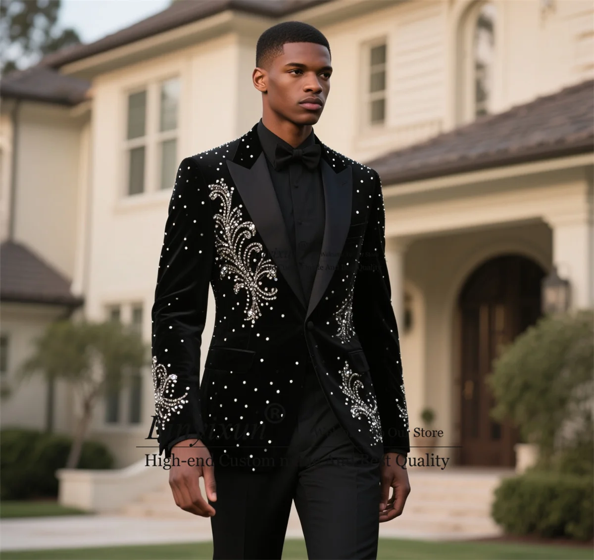

Stunning Jewelry Ornament Men Suits Slim Fit Party Tuxedos Ropa Hombre Customized 2 Piece Sets Wedding Groom Velvet Prom Blazers