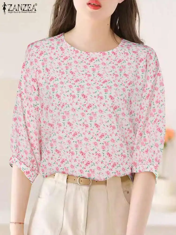 ZANZEA Casual Women Floral Print Blouse Korean Fashion Loose Tops 2024 Summer Round Neck Tunic Blusas Holiday Shirts Oversized