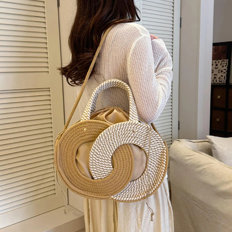 Color-blocked Woven Shoulder Bag With Inner Pocket Large Capacity Beach Vacation Shoulder Bag,stylish Versatile Women Tote Bags