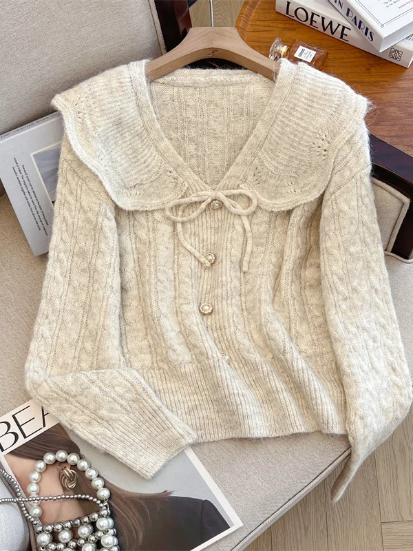 سترة نسائية محبوكة بمقاس كبير مع ياقة مكشكشة علوية Sle Sweet Youthful متعددة الاستخدامات من مزيج القطن الملون #3