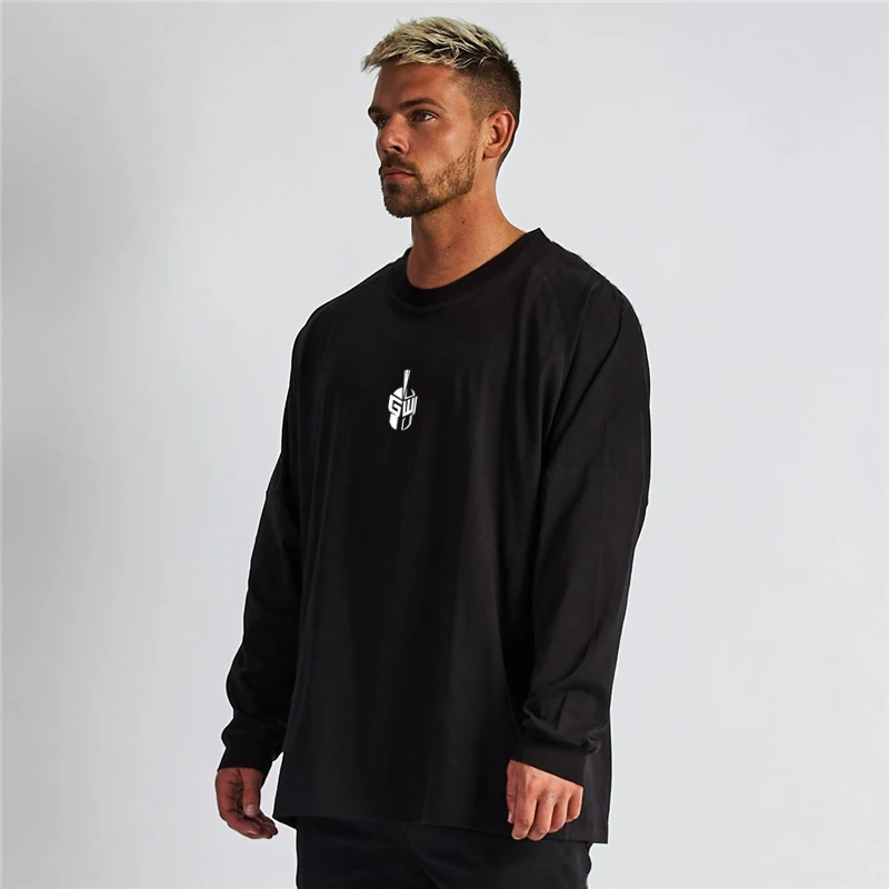 Gym Workout Pumping iron training Fitnes Autumn Men Muscleguy Oversized  Loose Long Sleeve T-shirt Shoulder Loose Streetwear Hip