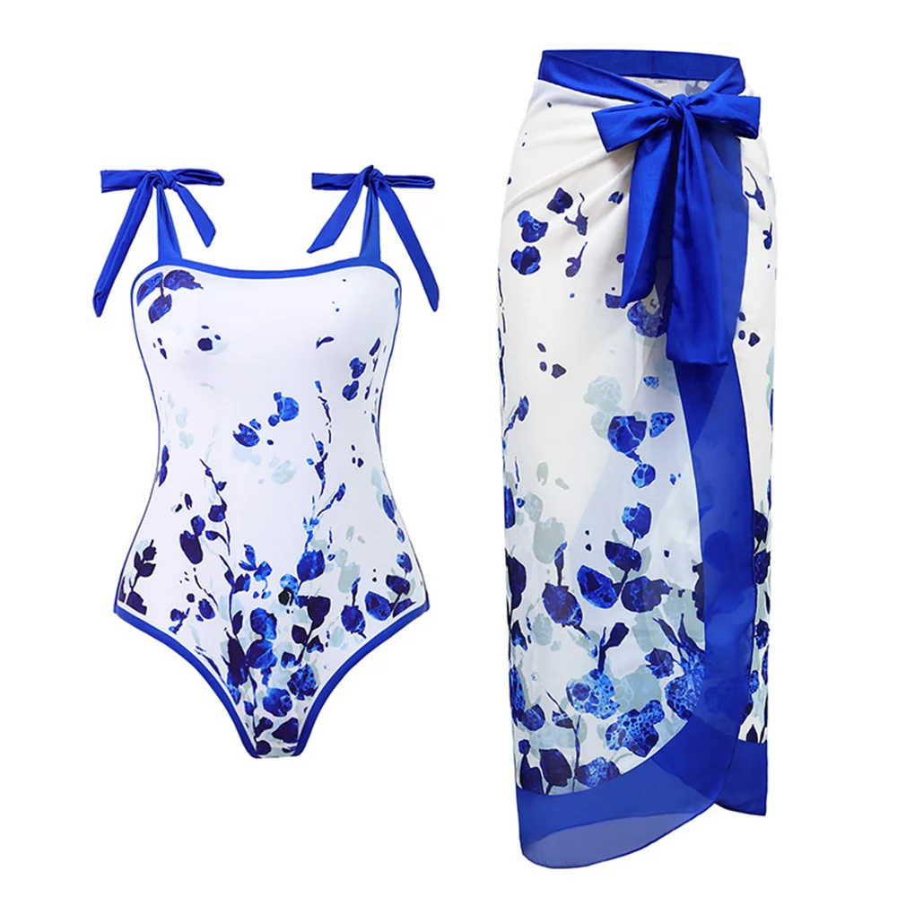 2024ins style vintage printed swimsuit Conservative swimsuit women's plus-size polyester printed beach dress set