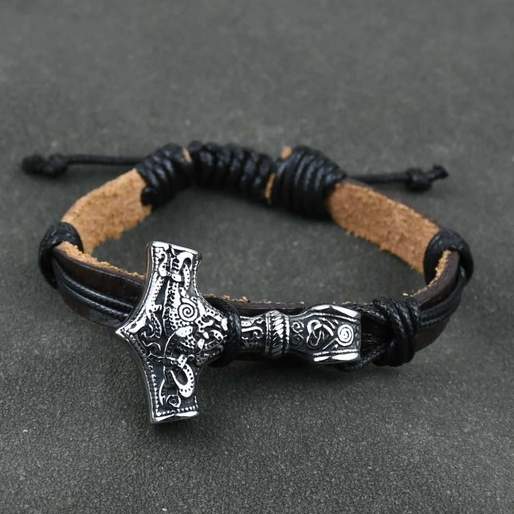 Punk Men Vikings Style Leather Bracelet Braided Stainless Steel Norse Runes Viking Thor Hammer Bangles Couple Jewelry Gift