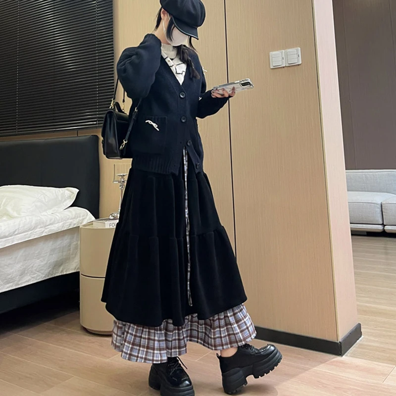 Gonne lunghe patchwork finte in due pezzi Donna Autunno Gonna longuette in velluto a coste vintage Donna Elegante gonne maxi con lacci in colore a contrasto