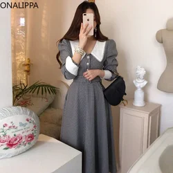 ONALIPPA Women Dress 2024 Autumn French Elegant Temperament Lapel Lace Check Chic Single-Breasted Waist Puff Sleeve Vestidos